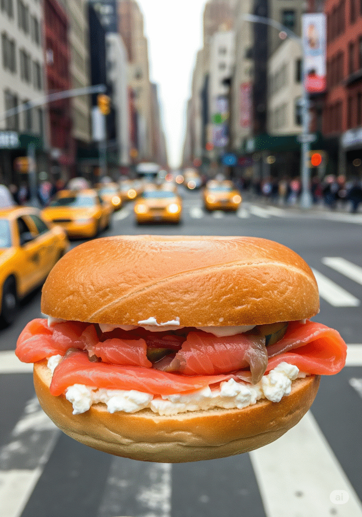 A classic New York style bagel with lox and cream cheese, held up against a slightly blurred background of a busy NYC street scene.